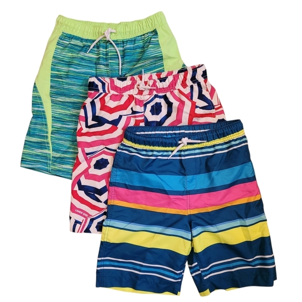Lands End Boys Large 10/12 Colorful Swim Trunks Shorts Lot Of 3 Beach Pool Vacay